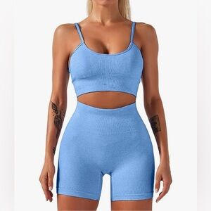 Blue Seamless Workout Set | Sports Bra + High Waist Shorts | Size Small | New